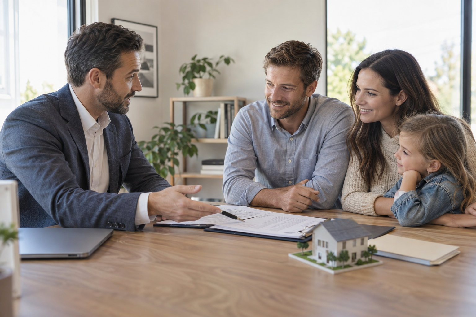 A male realtor explaining the home-buying process to a couple with a young child at a conference table