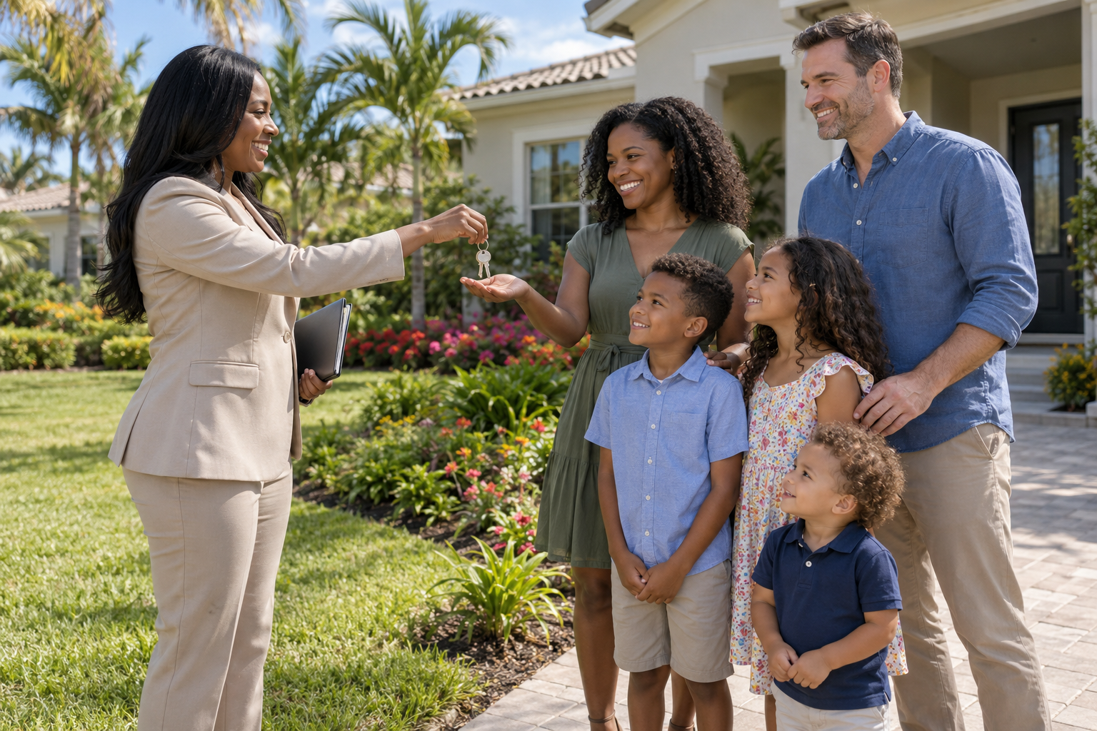 A Black female realtor handing keys to a Black and white family with three children outside their new home, with a beautiful lawn and flower garden