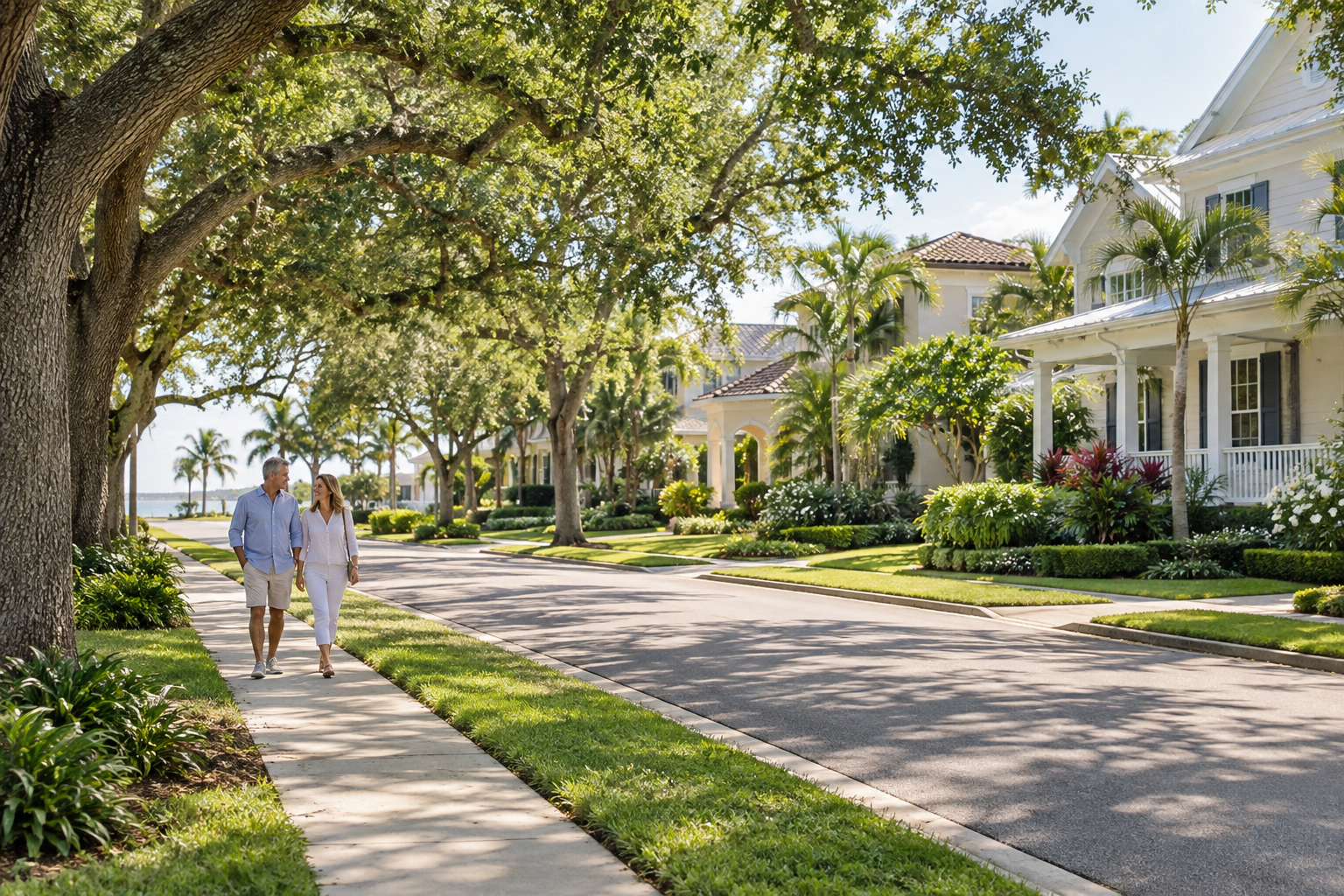 A middle-aged couple strolling along a charming Florida residential street with well-maintained homes and landscaped lawns